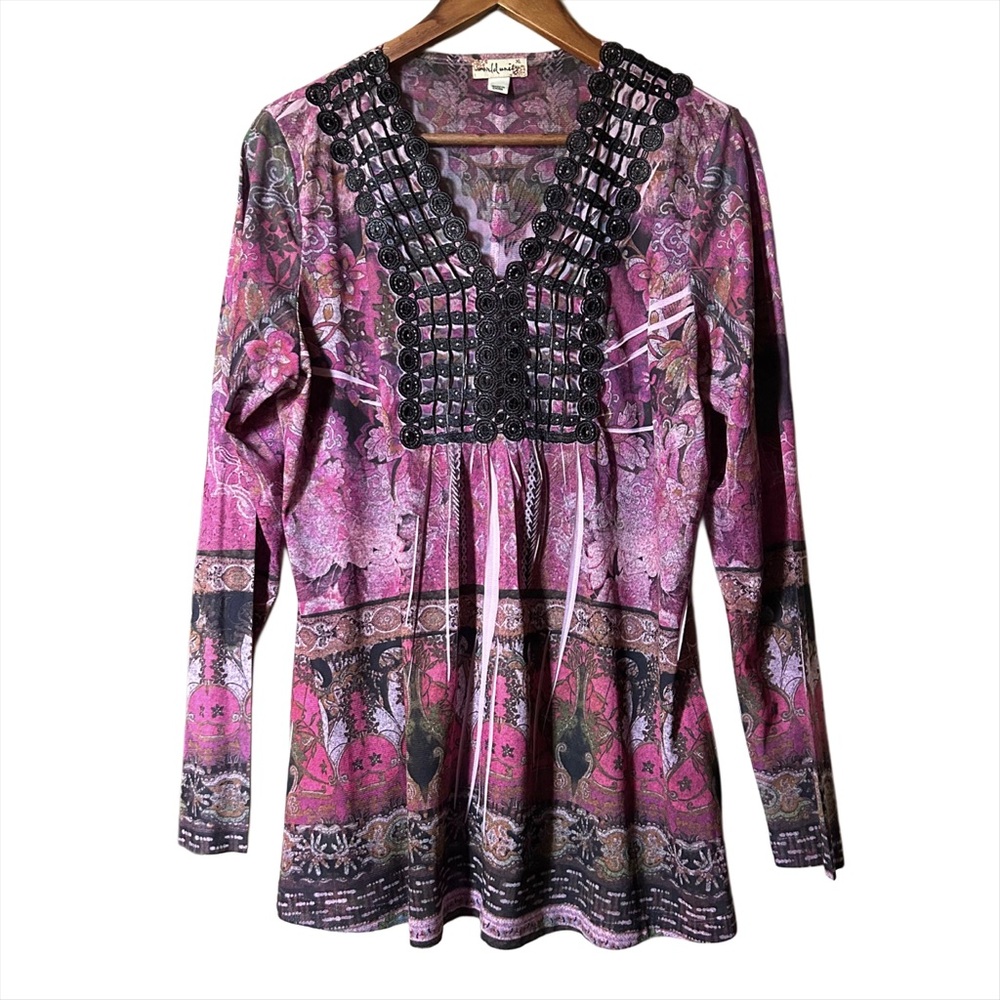 World Unity Boho Tunic Top XL | Paisley Floral Print w/ Crochet Beading